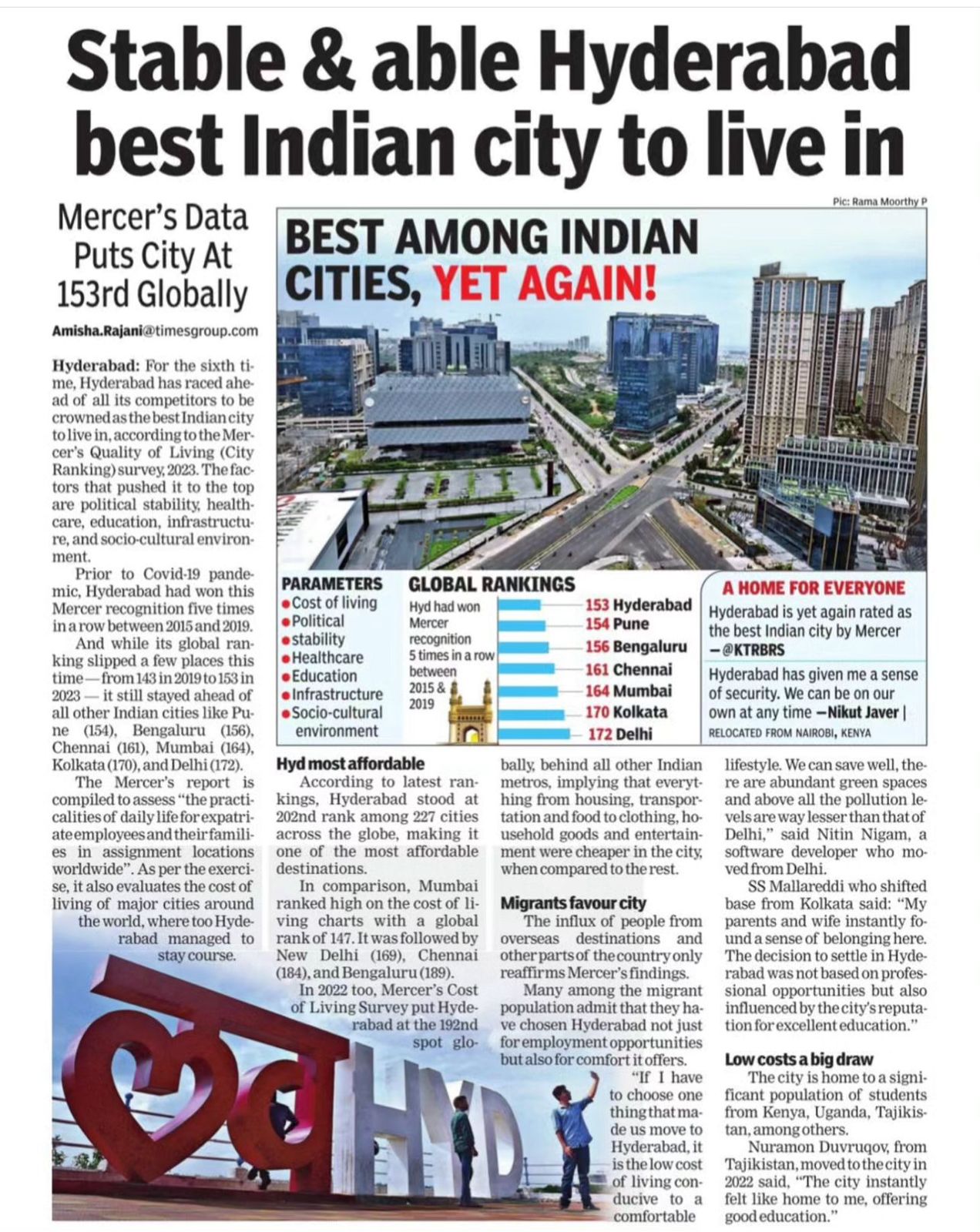 Stable & able Hyderabad best Indian city to live in